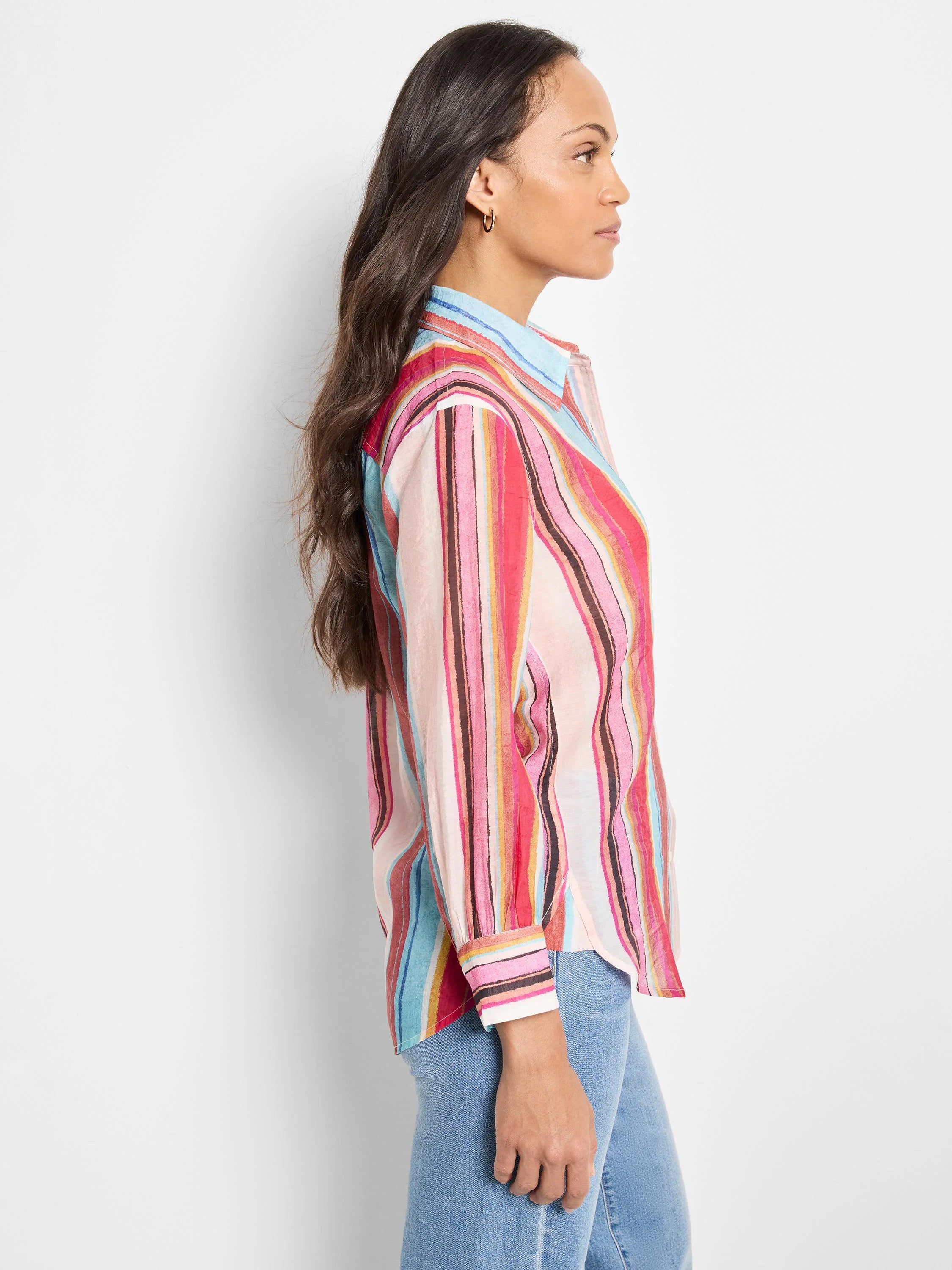Multicolored vertical striped shirt; pink, red, blue, brown, and beige stripes on a lighter pink background.  Long...