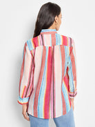 Horizon Breeze Shirt:  Back view shows a vertically striped, long-sleeved shirt in pink, red, blue, and brown hues on a...