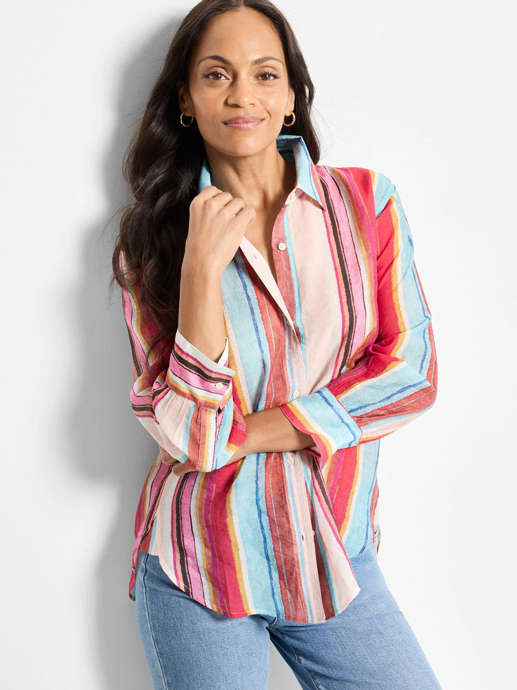 Multicolored striped shirt;  pinks, reds, blues, and browns.  Long sleeves, button-down front.