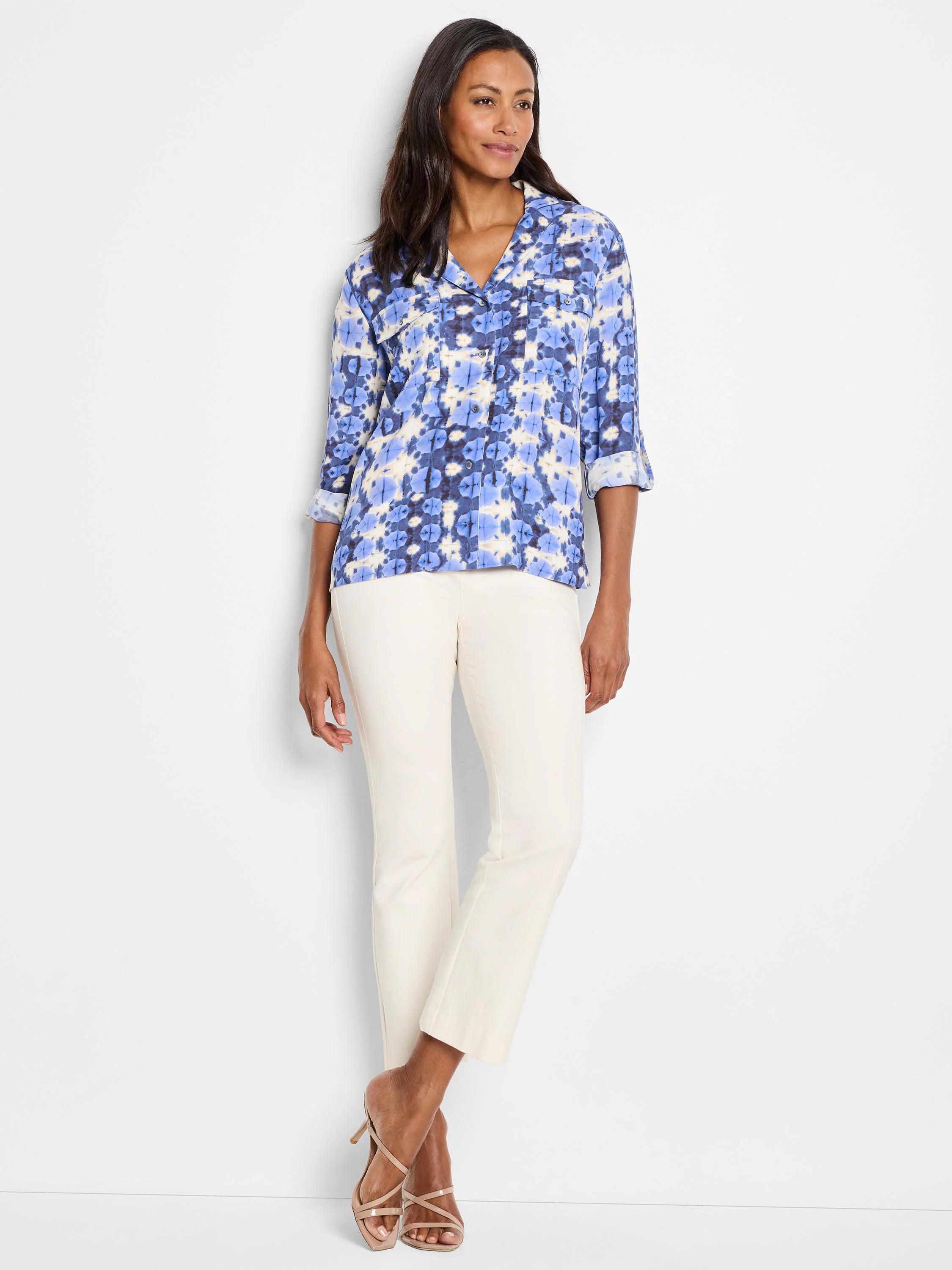 Blue and off-white shibori-print shirt; three-quarter sleeves, collared.