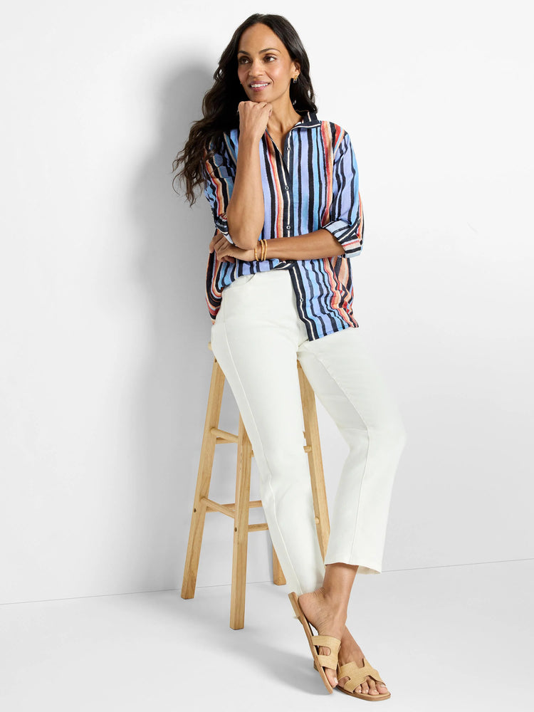 Cotton shirt with vertical stripes in blue, black, orange, and red on a white background.  Three-quarter sleeves.