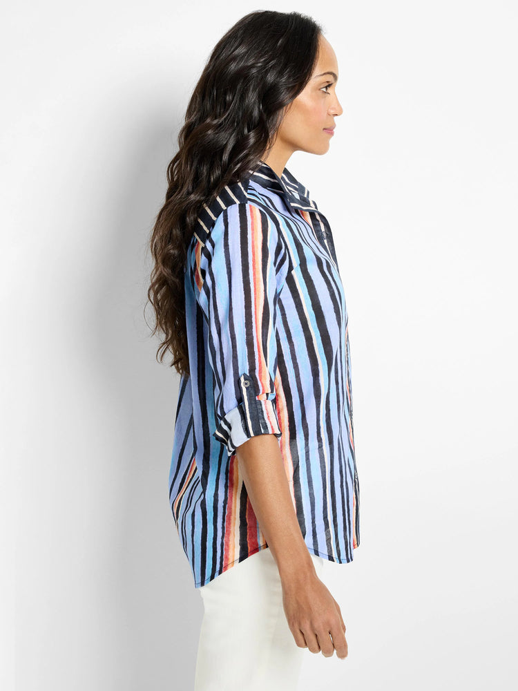 Cotton shirt; blue, black, orange, and beige vertical stripes; 3/4 sleeves; collared.