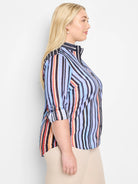 Cotton shirt with vertical stripes in blue, black, orange, and red.  Three-quarter sleeves, button front.