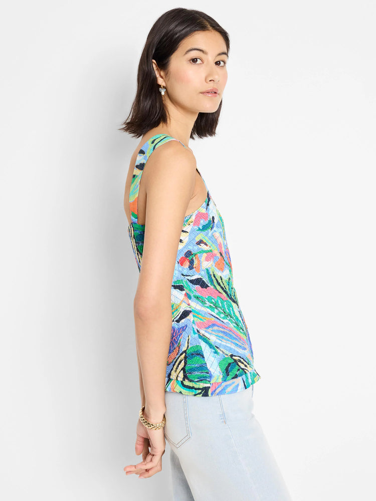 Smocked tank top with colorful abstract print in blues, greens, oranges, and pinks.  Cross-back straps.