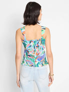 Smocked tank top with vibrant abstract print in blues, greens, pinks, and oranges.  Square neckline and thin straps. ...