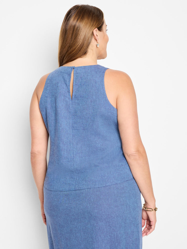 Here's alt text under 125 characters:

Blue linen sleeveless tank top, rear view.  Keyhole back detail.  Medium wash blue.