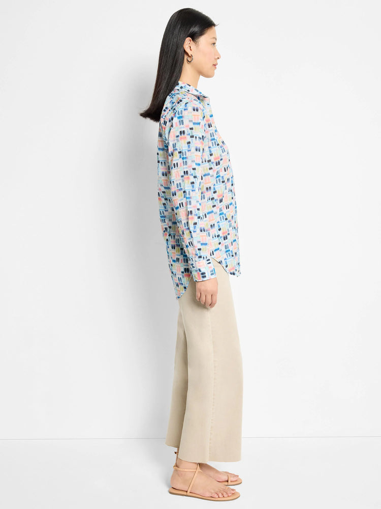 Cotton shirt; light blue background with pastel pink, blue, and peach abstract blocks. Long sleeves.