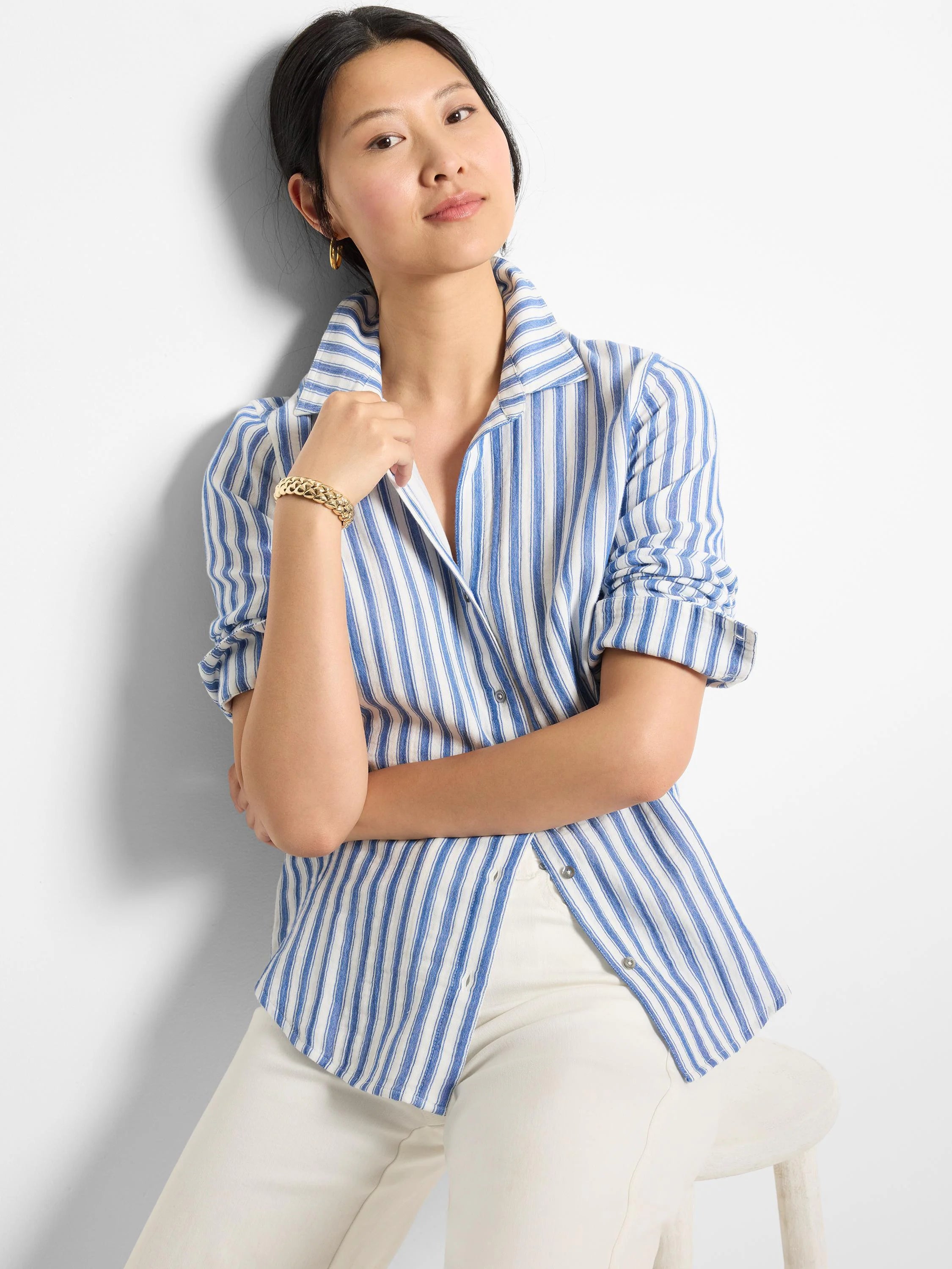 Blue and white striped double gauze shirt;  button-down,  three-quarter sleeves.