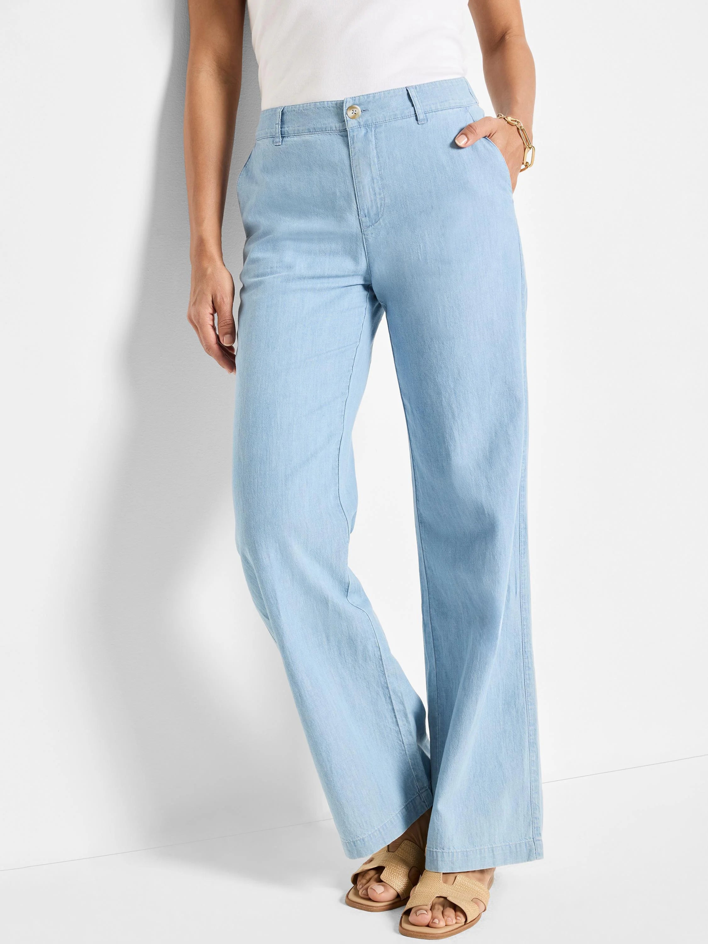 Light blue denim linen wide-leg pants.  Straight legs, mid-rise waist.