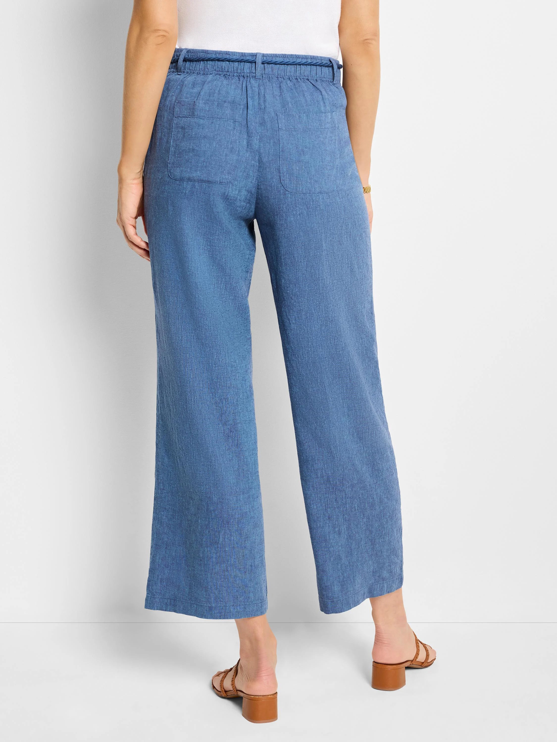 Here's alt text for the image, aiming for under 125 characters:

"Blue linen wide-leg pants with a drawstring waist. ...
