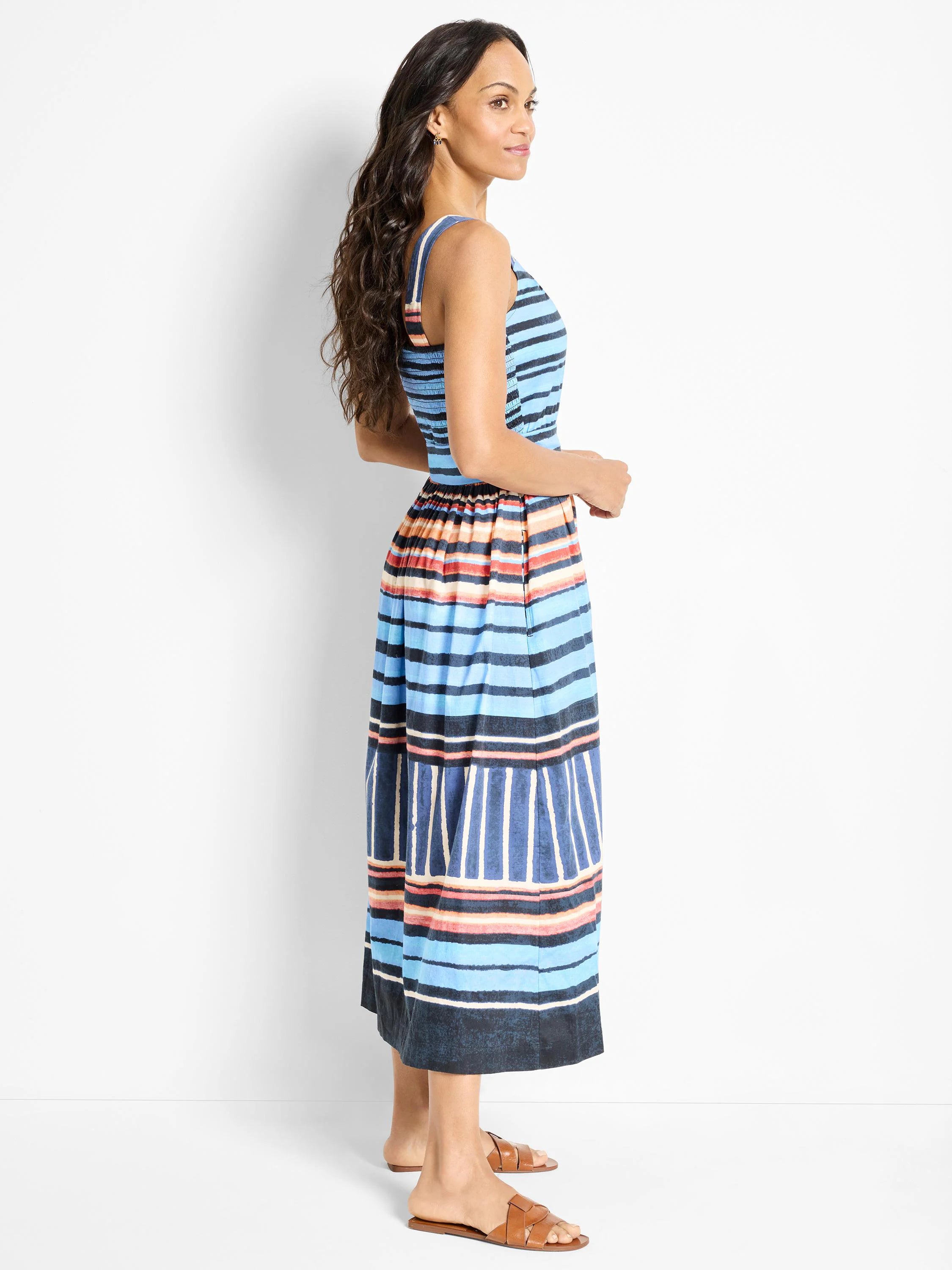 Midi-length sleeveless dress; horizontal stripes in blue, orange, and dark-blue on a lighter blue background.  The dress...