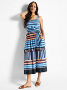 Blue, black, orange, and red horizontal stripes on a sleeveless midi dress with a self-tie belt.  Features pockets.