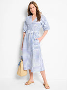 Blue and white striped midi dress with a V-neck, 3/4 sleeves, and a self-tie belt.  A-line skirt.