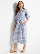 Blue and white striped midi dress with a V-neck, elbow-length sleeves, and a self-tie belt.  It has patch pockets.