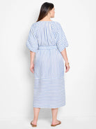 Blue and white vertical striped midi dress with a belted waist and short puff sleeves.