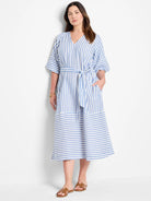 Blue and white striped midi dress with a V-neck, short sleeves, pockets, and a self-tie belt.