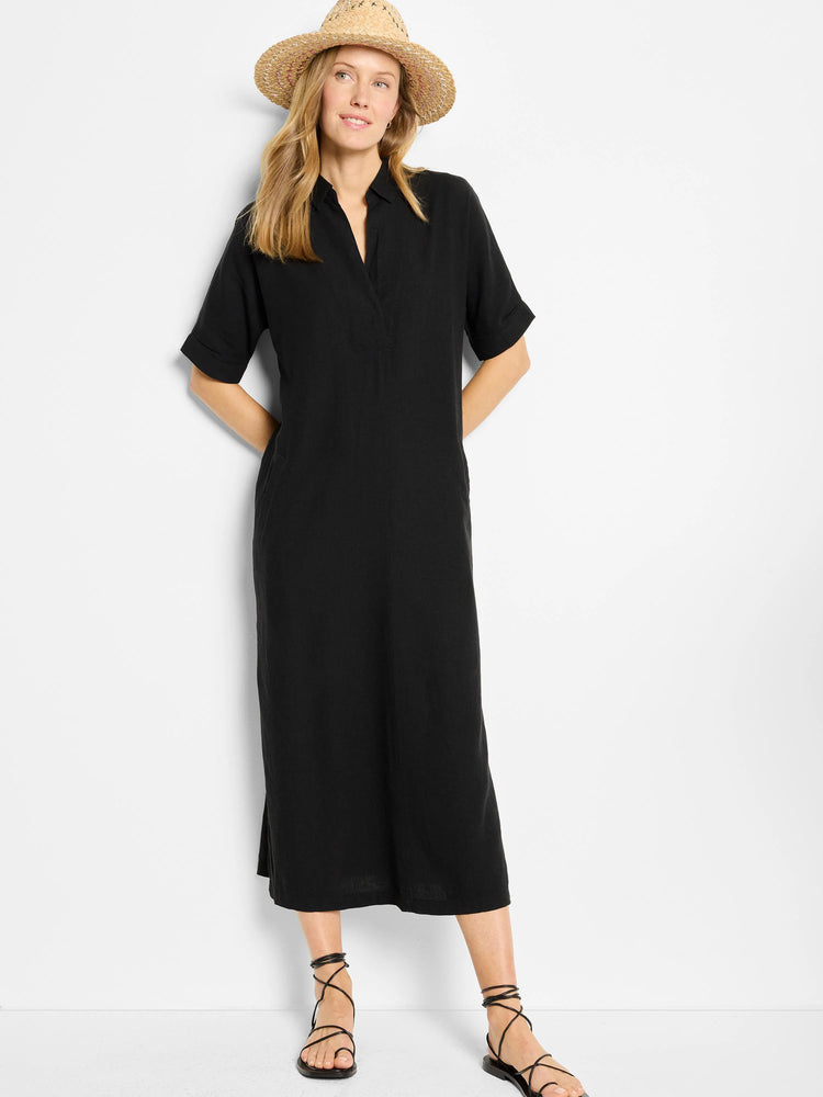 Black midi-length tunic dress with short sleeves and a collared V-neck.