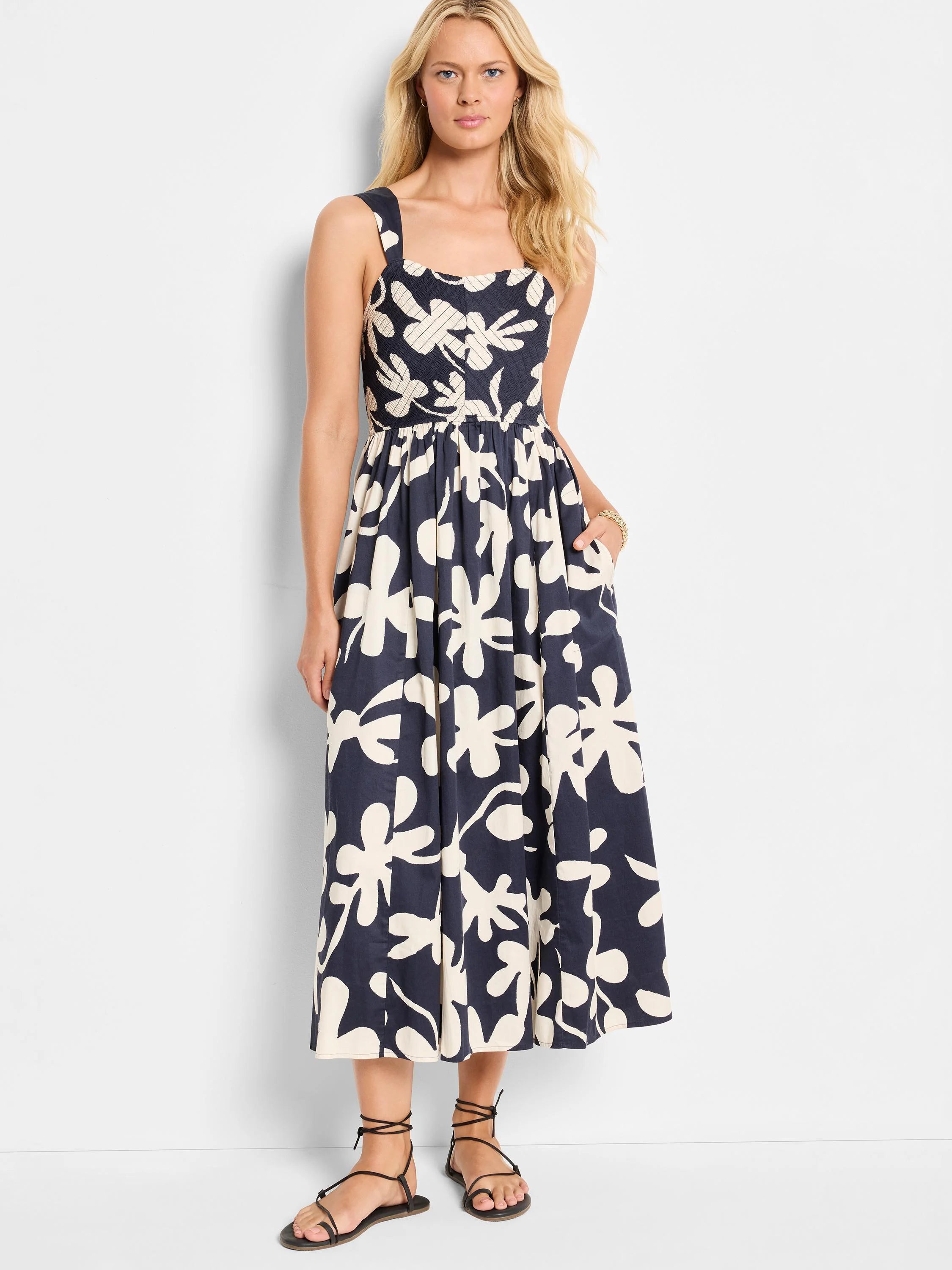 Midi dress, navy & cream abstract floral print, square neck, sleeveless, with pockets.