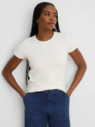 Off-white, short-sleeve crew neck tee with a distinct puckered texture.