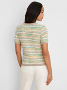 Fitted open-knit short-sleeve tee with horizontal stripes of beige, yellow, mint green, and white.
