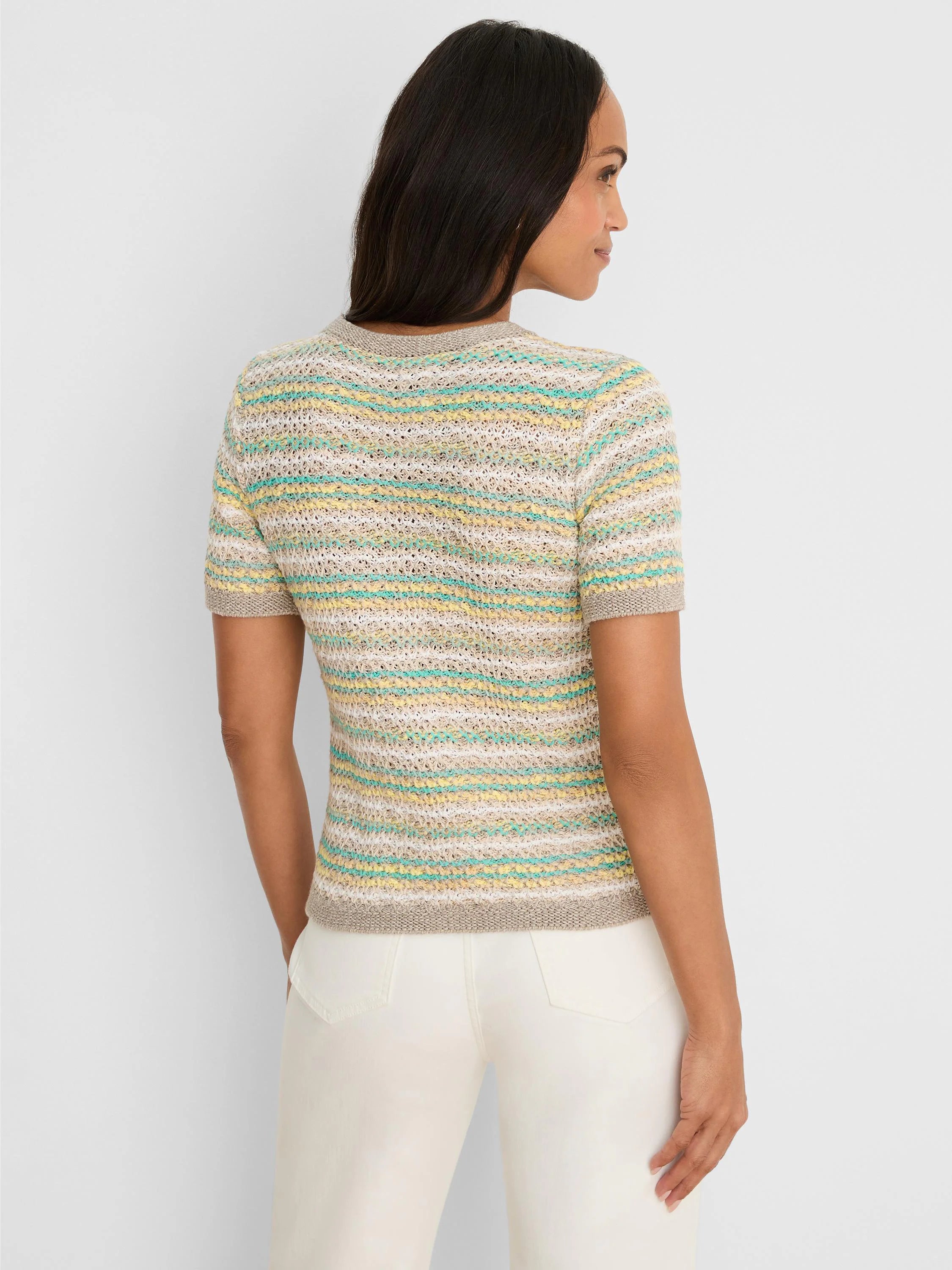 Fitted open-knit short-sleeve tee with horizontal stripes of beige, yellow, mint green, and white.
