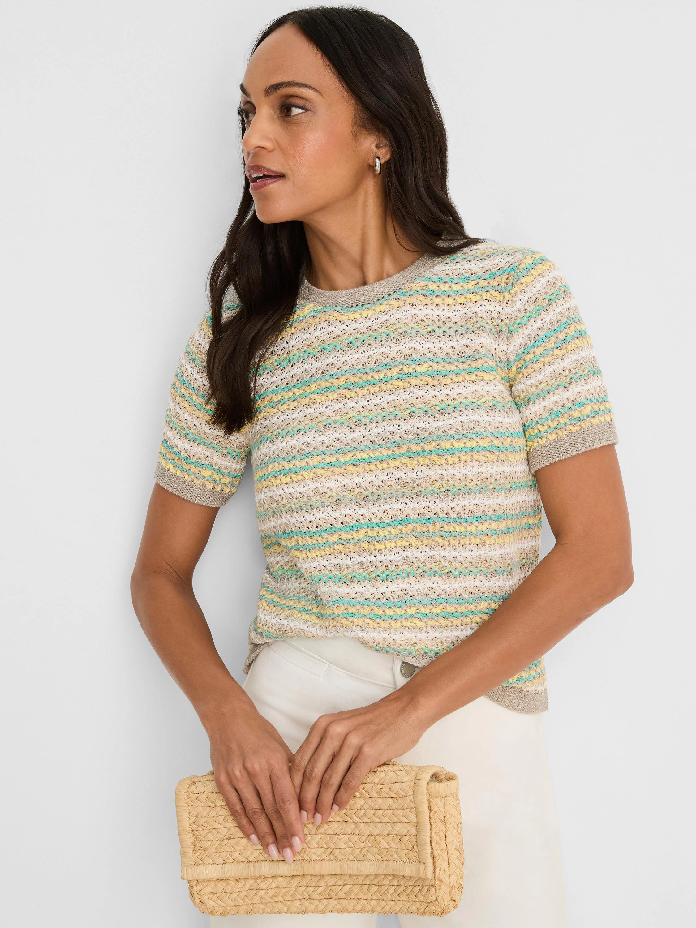 Short-sleeve knit tee with horizontal stripes in beige, yellow, and mint green.