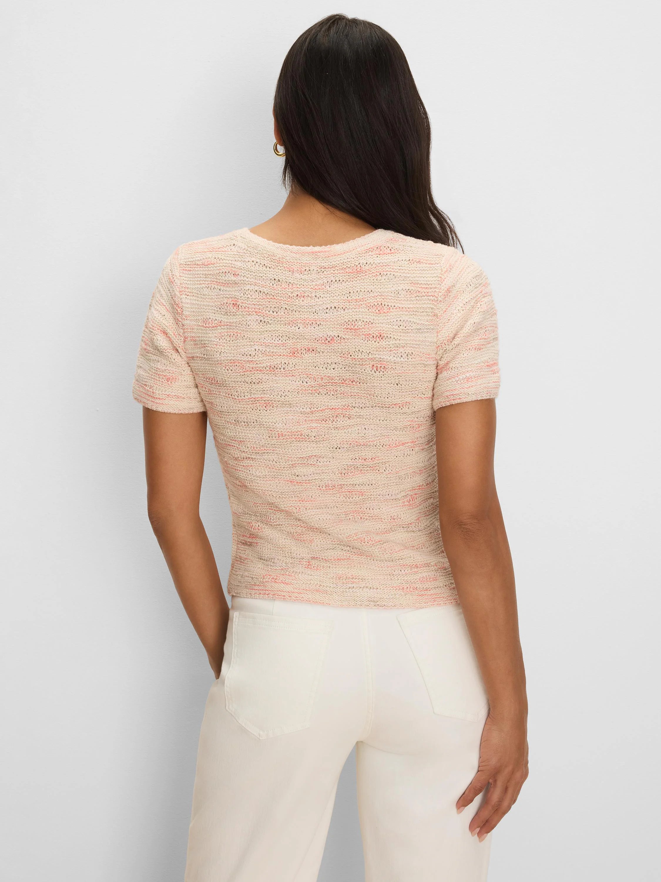 Short-sleeved cream sweater tee with textured wavy knit in pink and grey horizontal stripes.