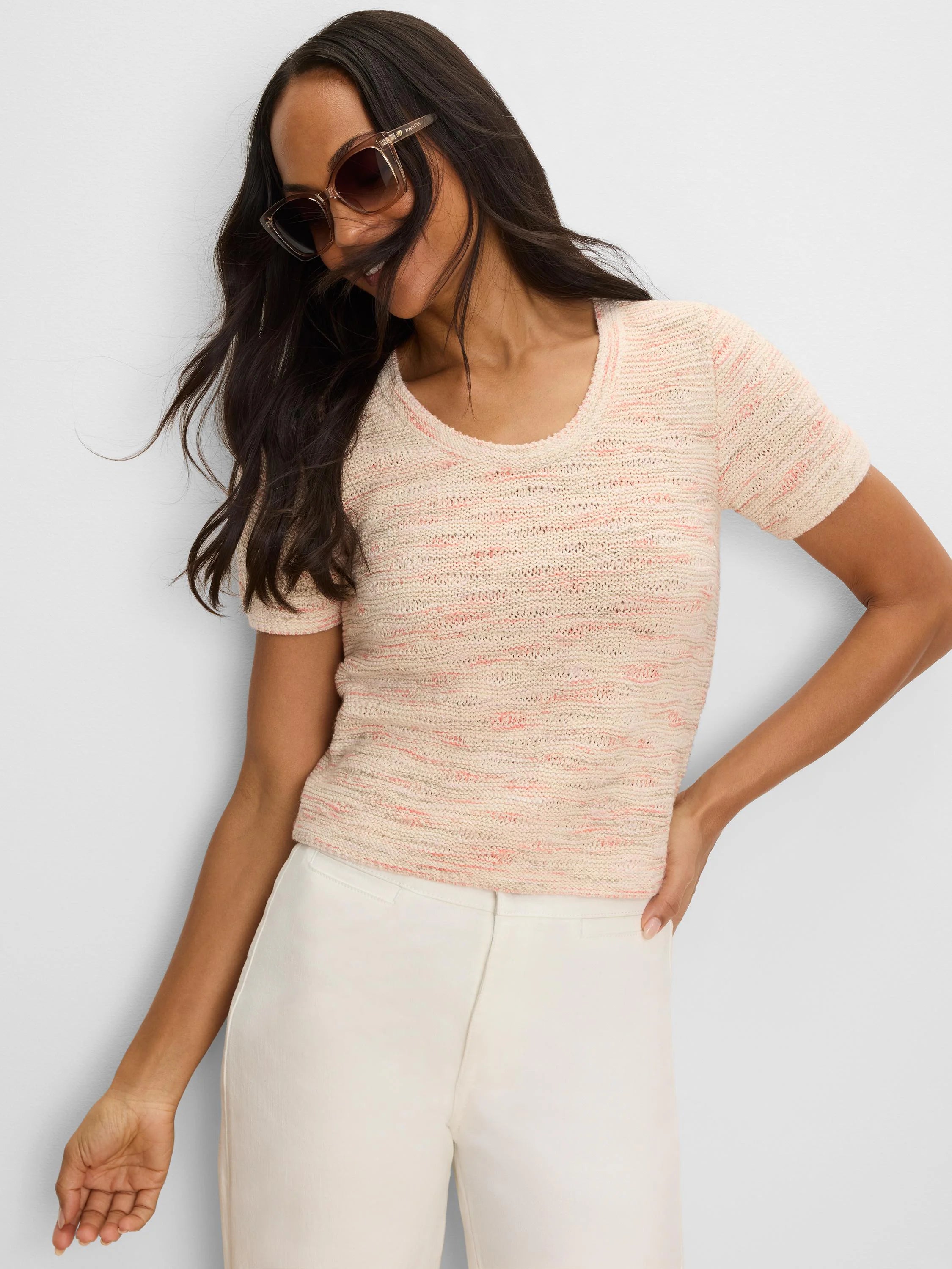 Cream textured sweater tee with pink horizontal streaks, short sleeves, scoop neck.