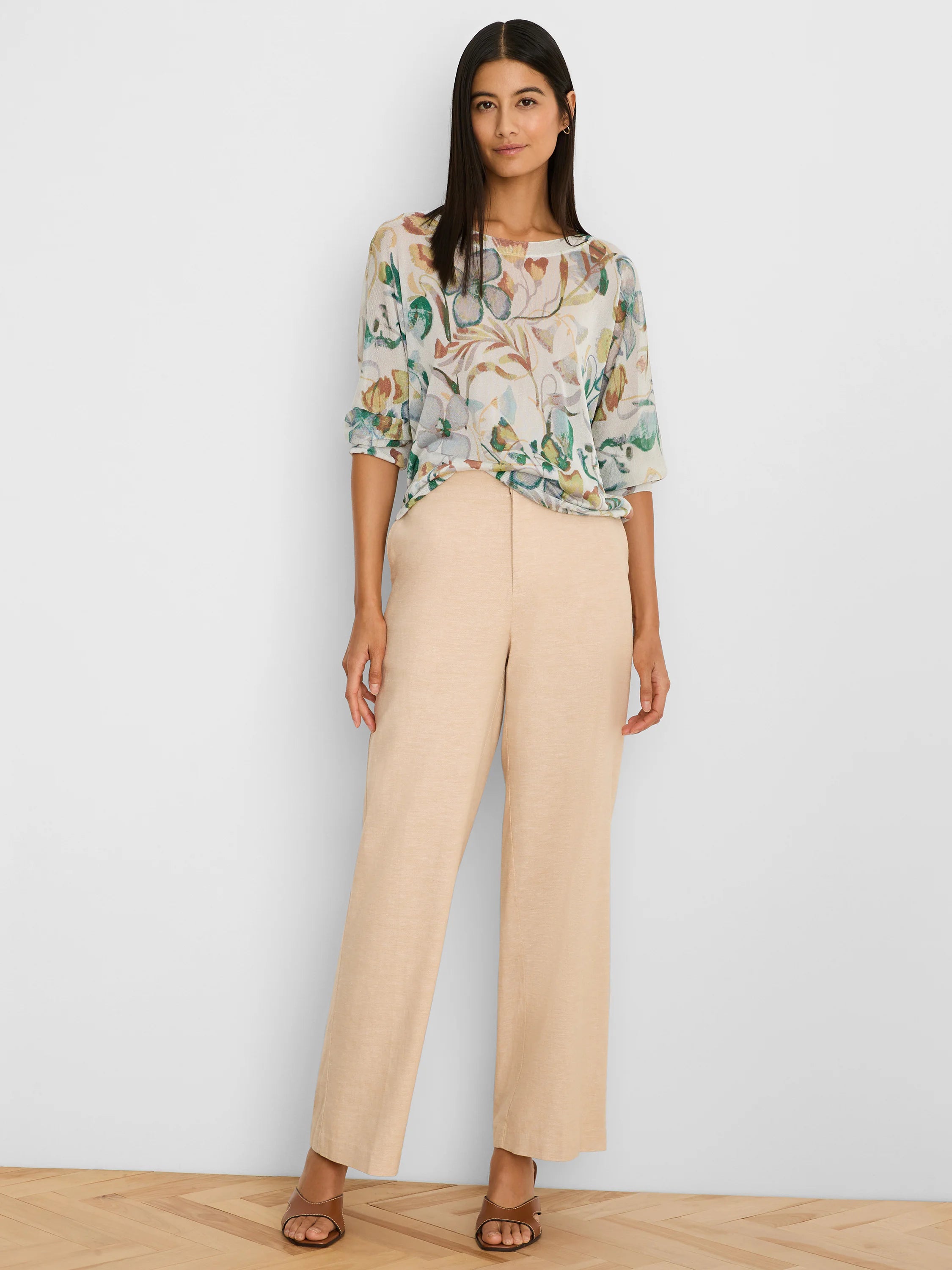 Cream knit sweater with a muted multi-color pressed floral pattern, boat neck, and 3/4 sleeves.