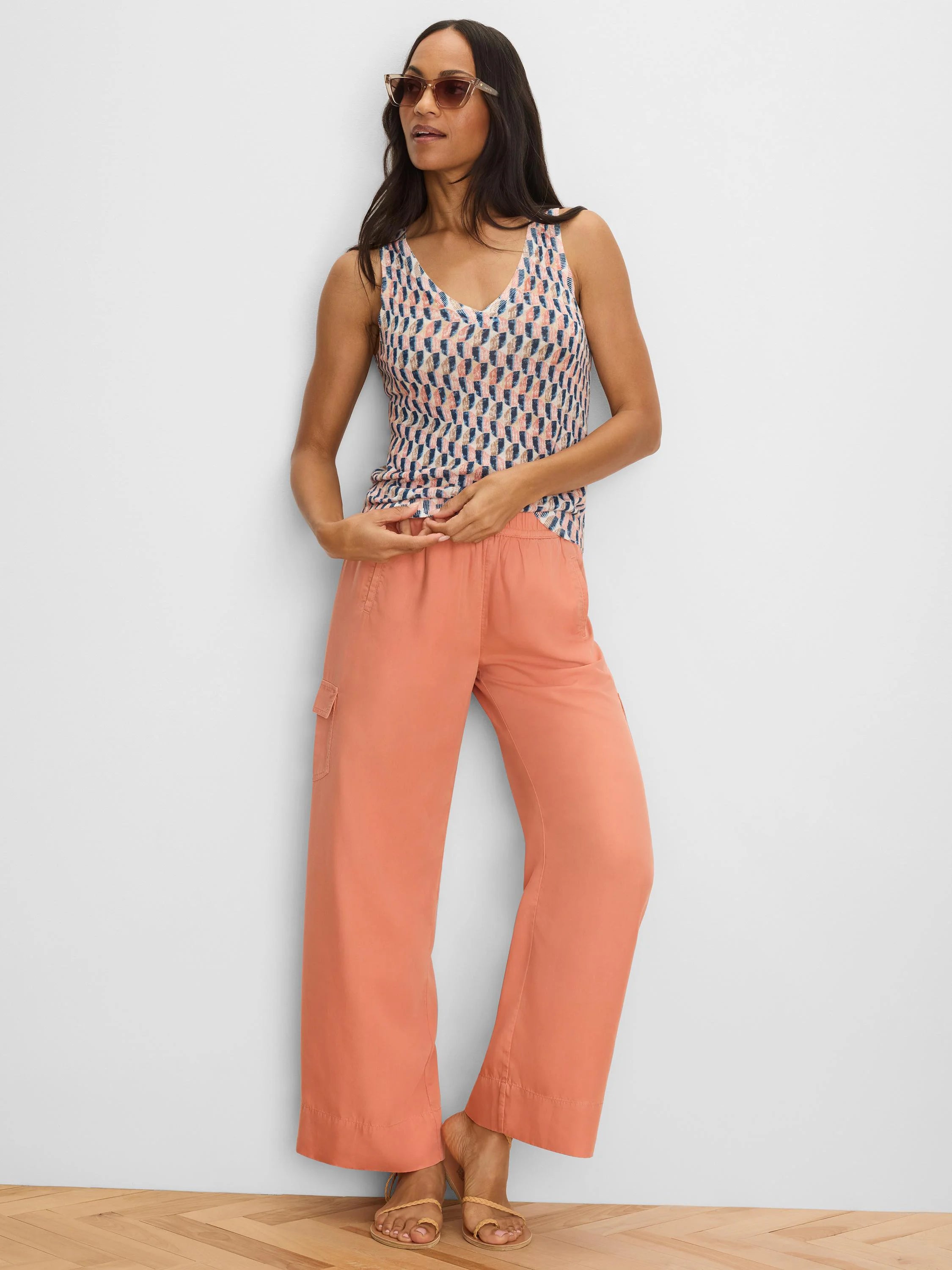 Pink, navy, tan sideways geometric V-neck sweater tank.