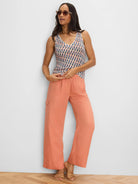 Pink, navy, tan sideways geometric V-neck sweater tank.