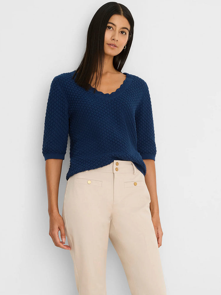 Deep blue scallop texture sweater tee with a scalloped V-neck and 3/4 sleeves.