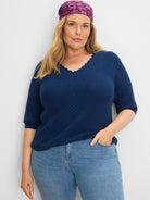 Navy blue scallop texture sweater tee with a scalloped V-neck, 3/4 sleeves, and ribbed cuffs.