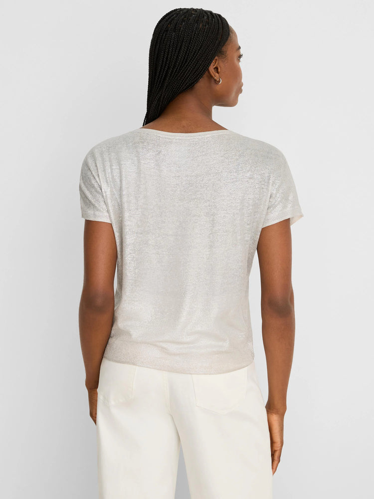 Shimmery champagne short-sleeve featherknit sweater, shown from the back on a model.