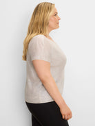 Light, shimmering knit sweater with short sleeves and a scoop neck.