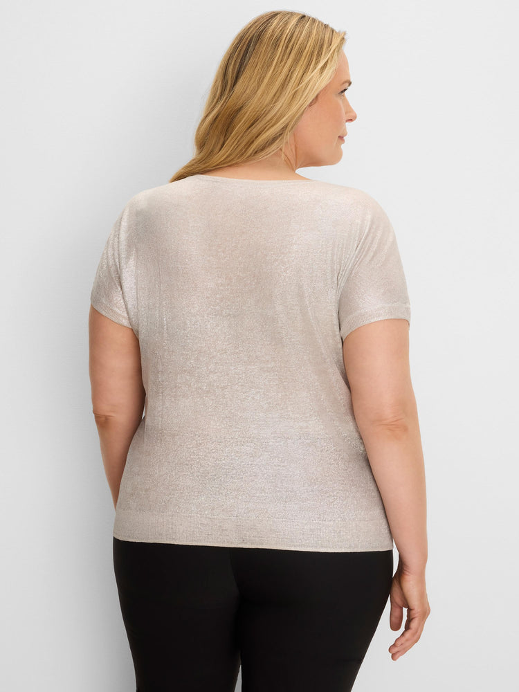 Shimmery light beige short-sleeve knit sweater. Relaxed fit, view from back.