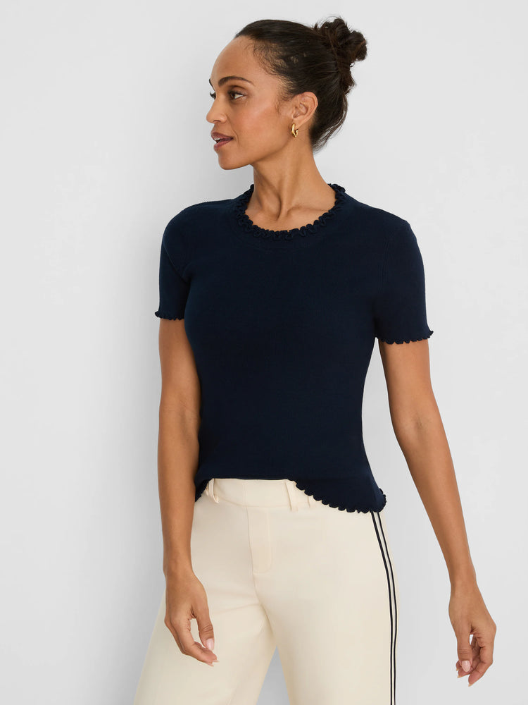 Dark navy blue short-sleeve ribbed sweater tee with ruffle trim on neckline, sleeves, and hem.