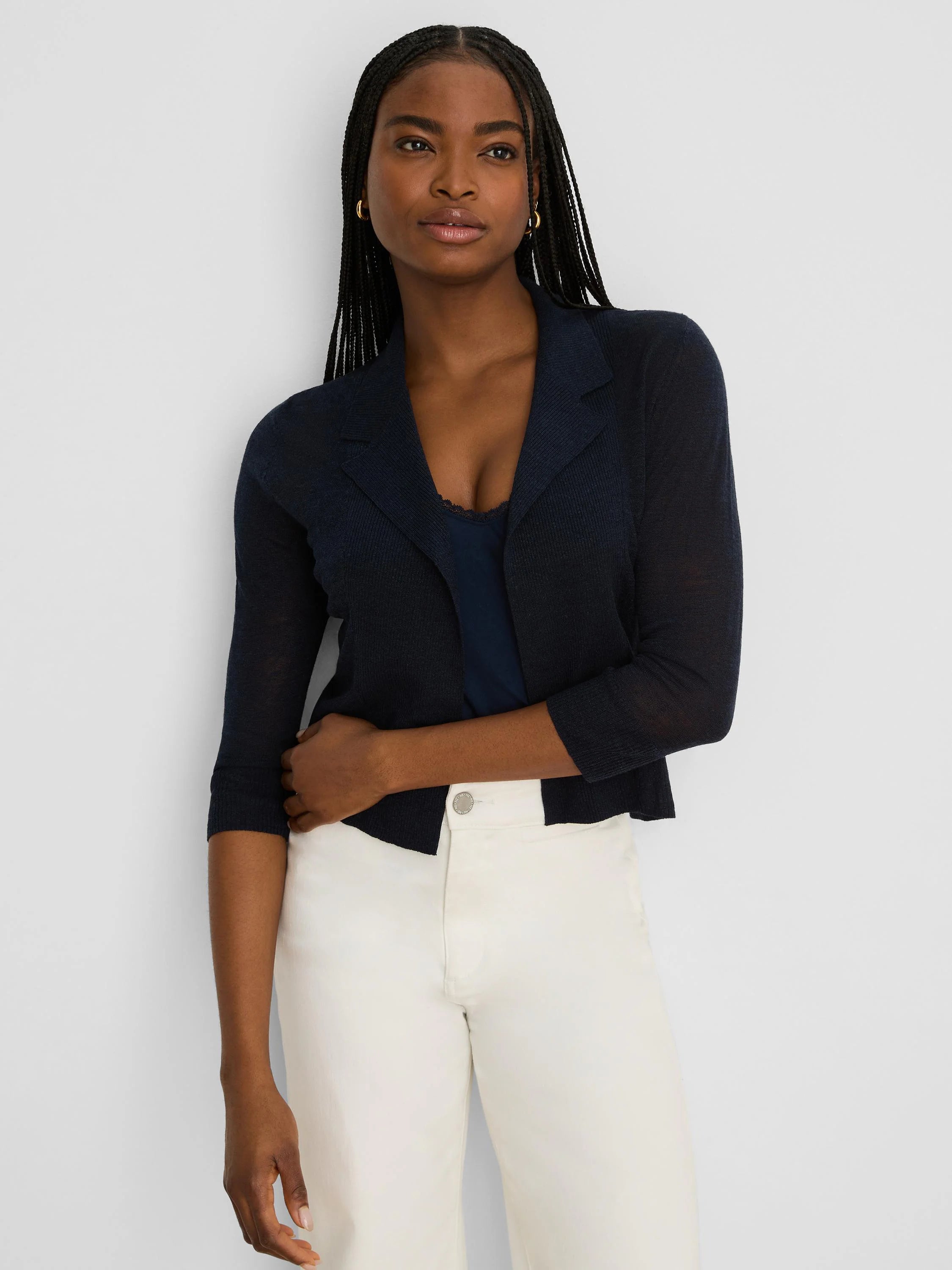 Open-front navy Featherknit collared cardigan with 3/4 sleeves.
