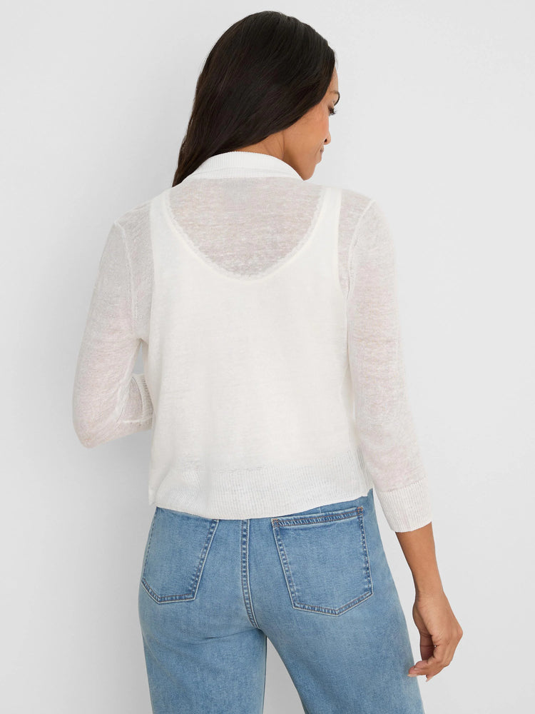 White featherknit collared cardigan, sheer with 3/4 sleeves. Model from behind.