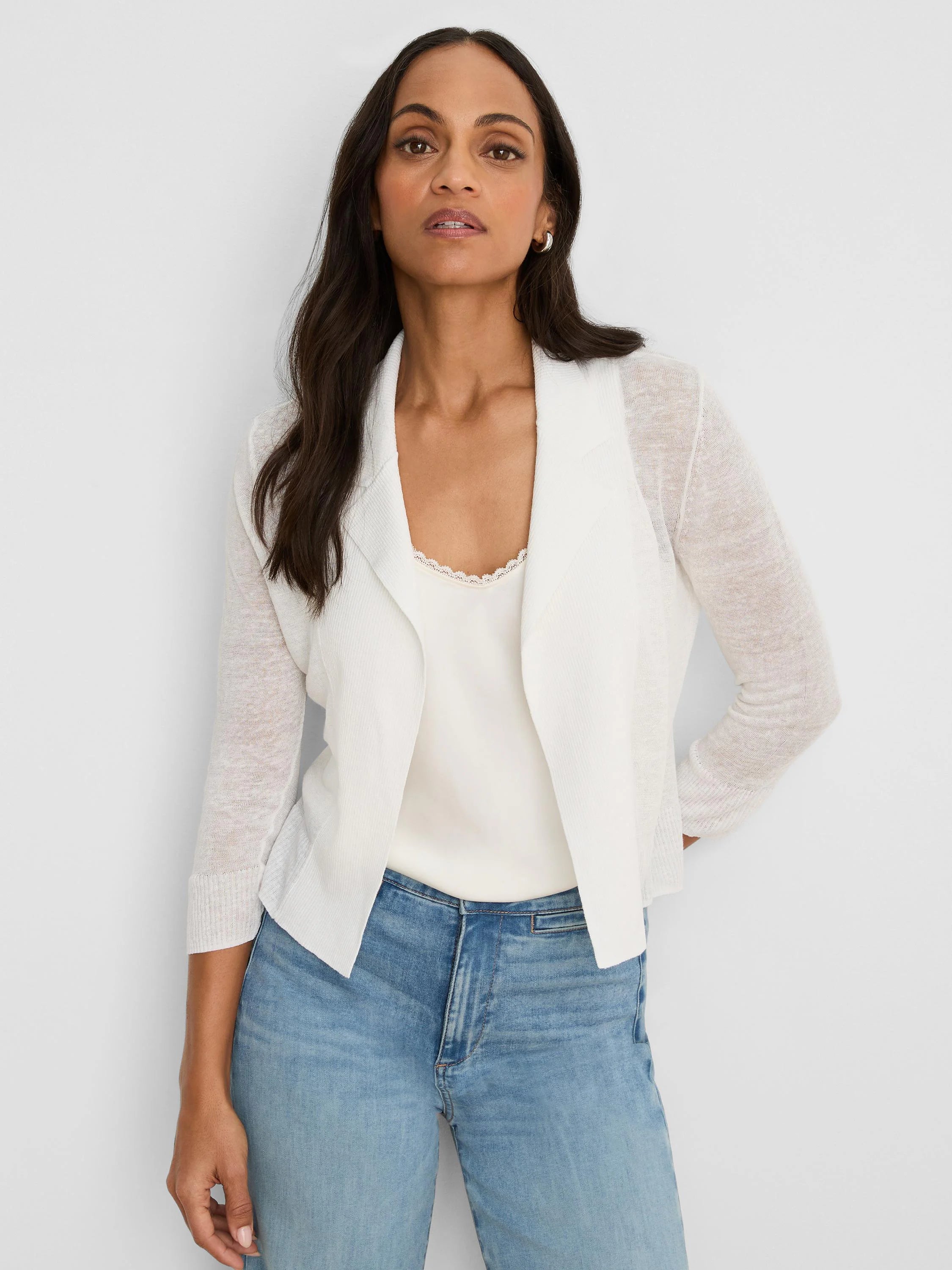 Off-white featherknit collared cardigan with sheer 3/4 sleeves, worn open, and cropped.