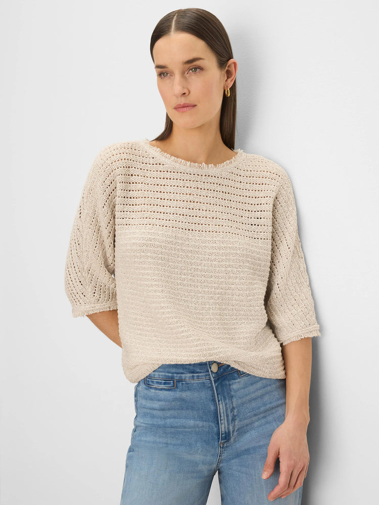 Oatmeal open-knit sweater with tonal textures, frayed neckline & 3/4 sleeves with frayed cuffs.