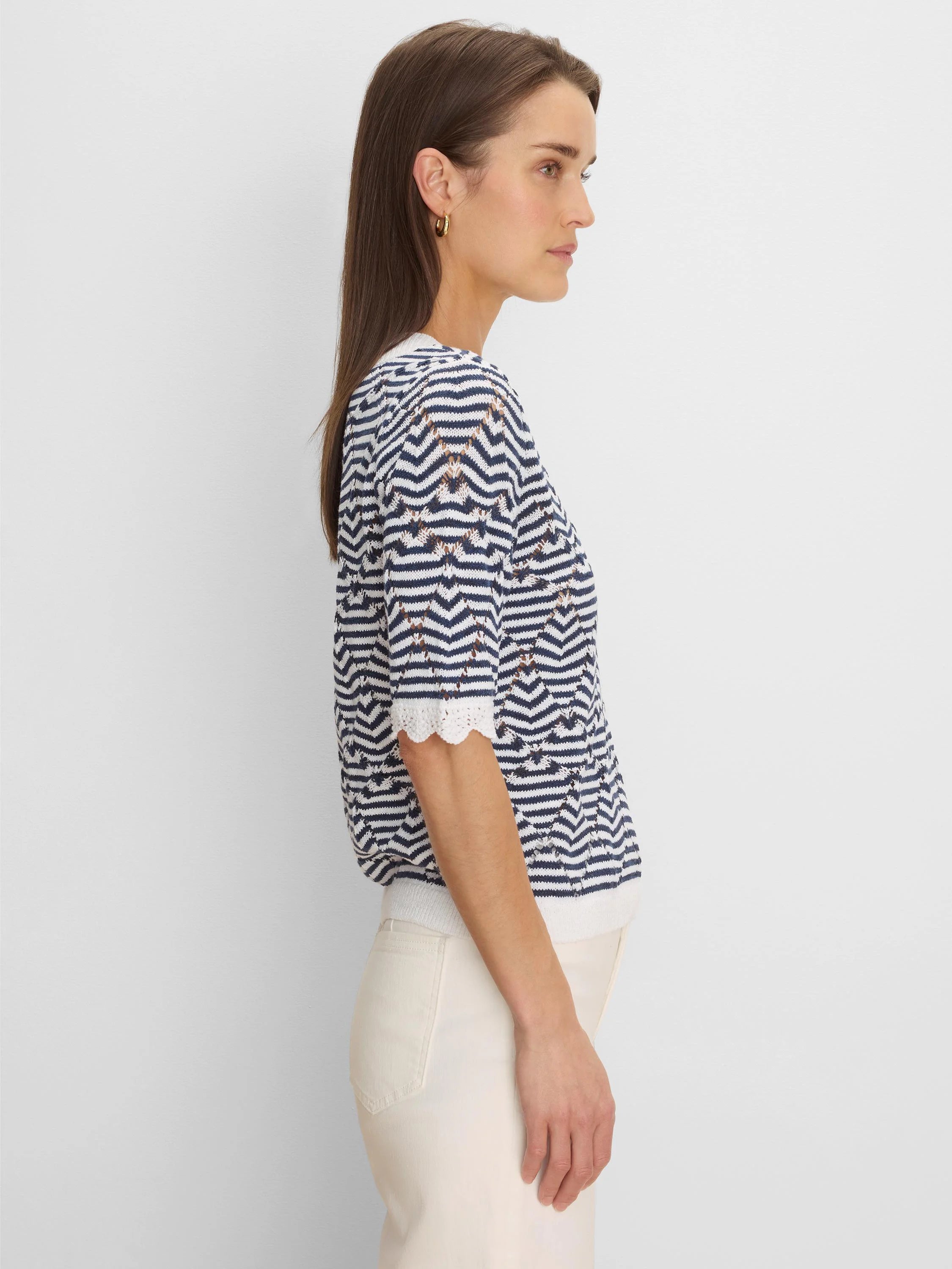 Navy and white chevron sweater with short, scalloped sleeves and an open knit.