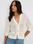 Cream open-knit V-neck cardigan with subtle sequins, gold buttons, and ribbed cuffs/hem.