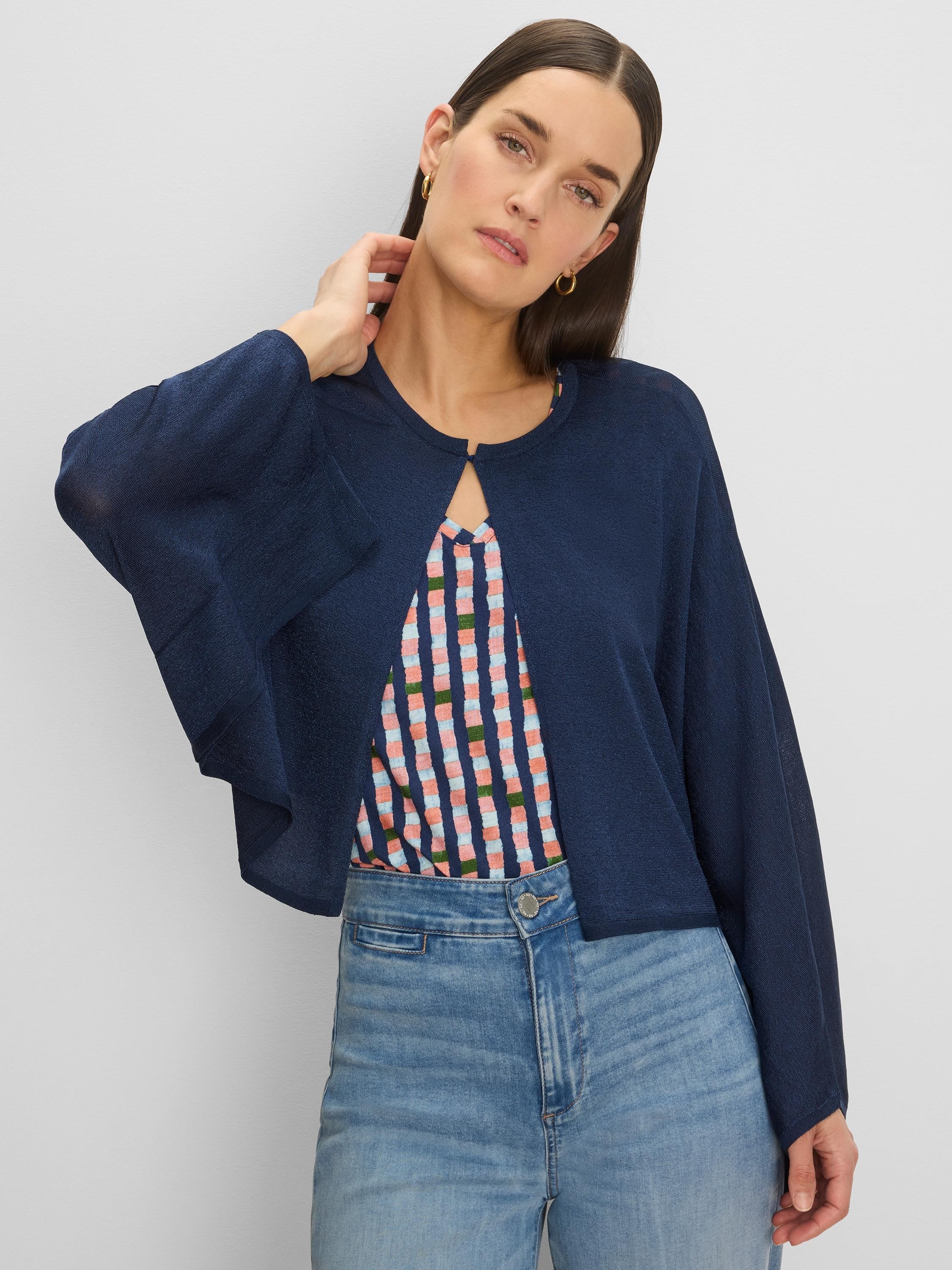 Lightweight navy blue cardigan with wide, flowing sleeves, a round neck, and a single hook closure at the top. Cropped.