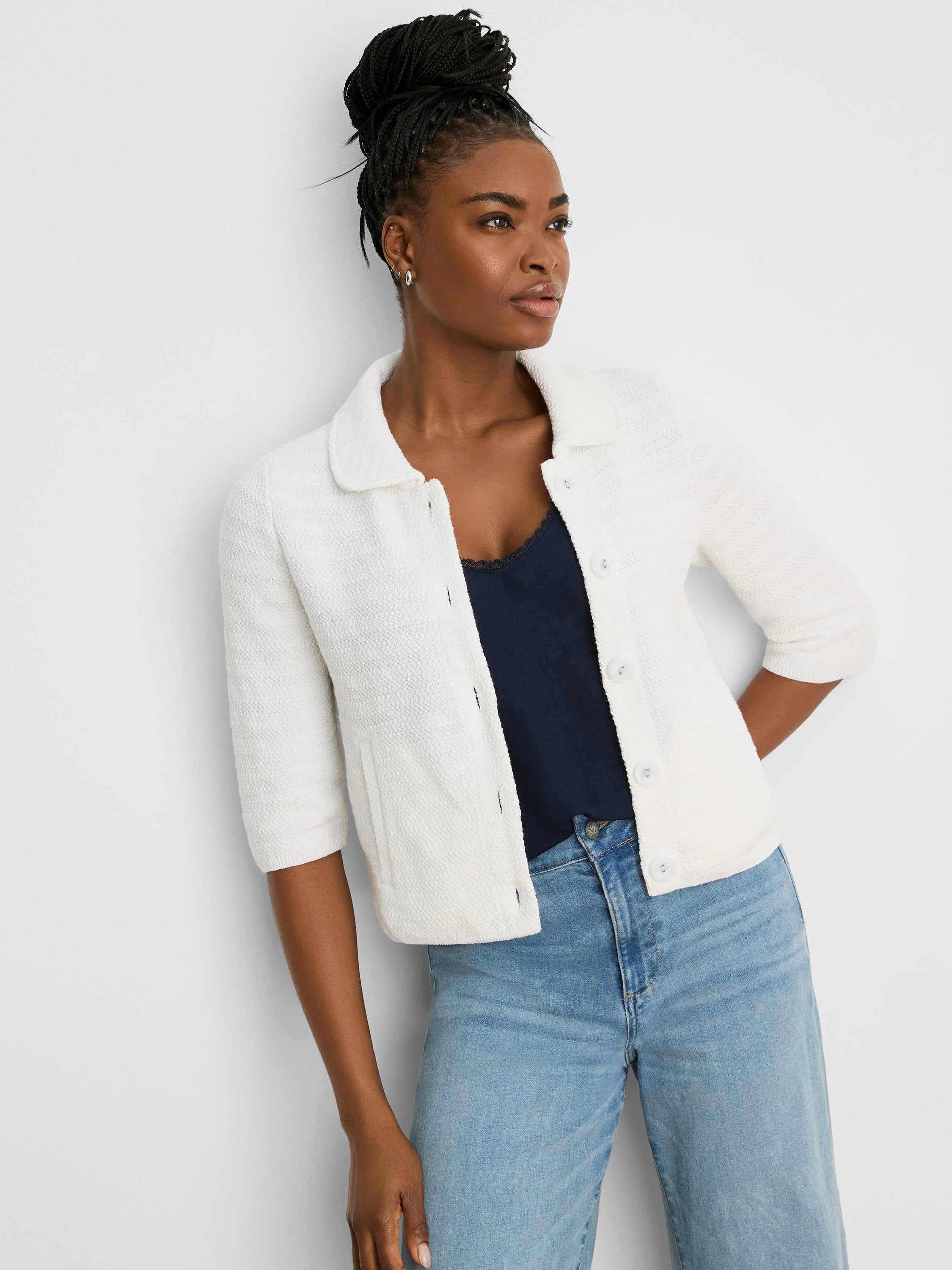Cream elbow-sleeve textured knit jacket with a rounded collar and button front.