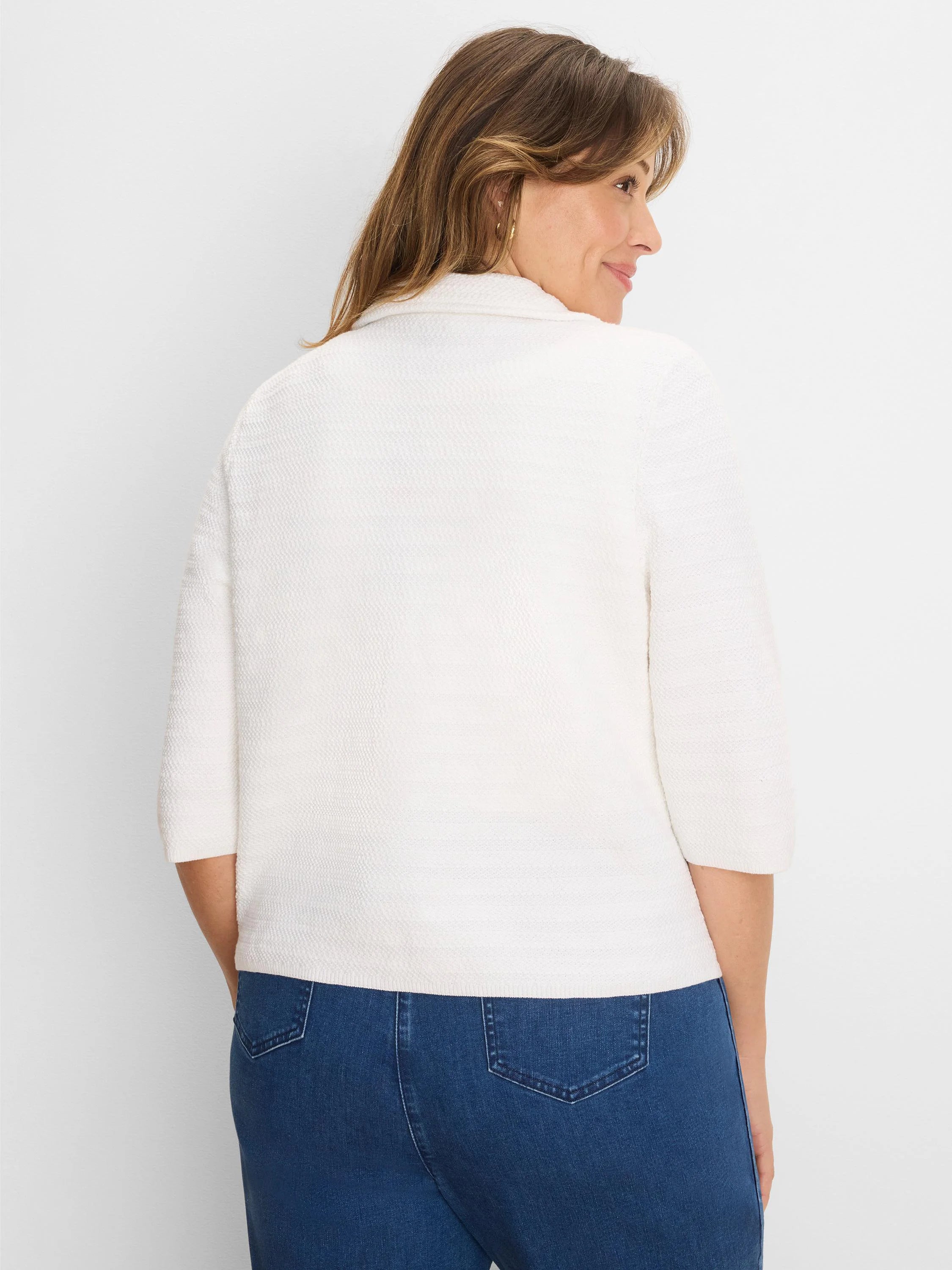 White textured knit jacket with elbow sleeves and a collar, shown from the back.