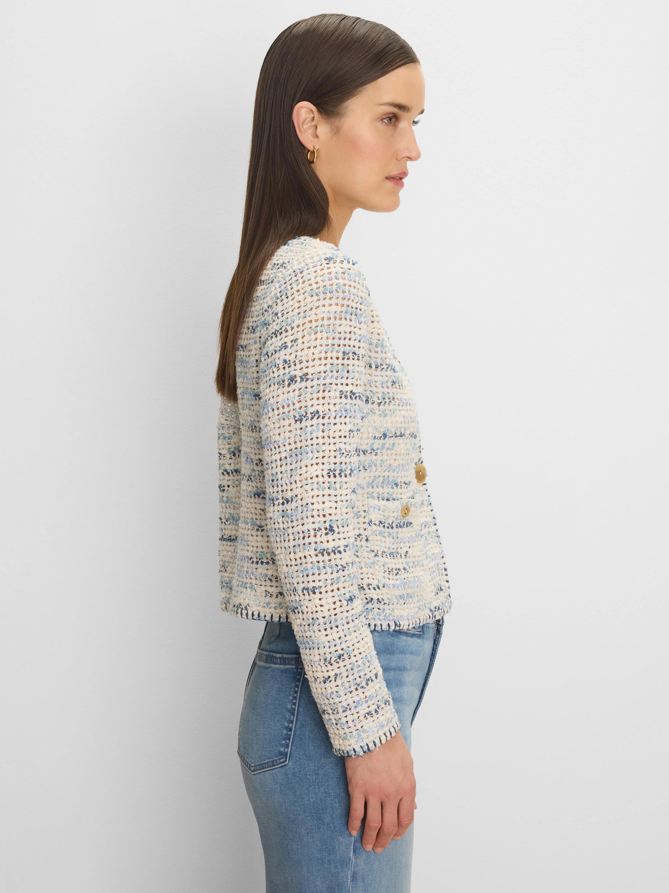 Misty Dawn knit jacket: Cream & blue open-knit texture, cropped, with gold buttons.