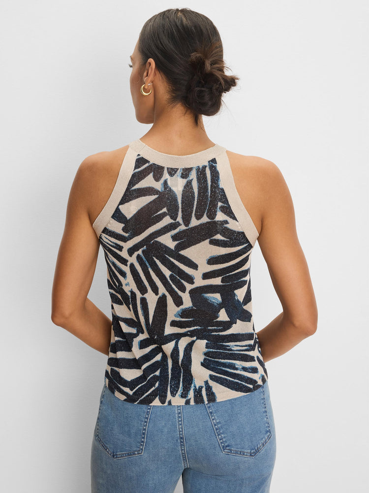 Beige knit tank with dark blue painted palm pattern. Ribbed beige neck and armholes. Back view.