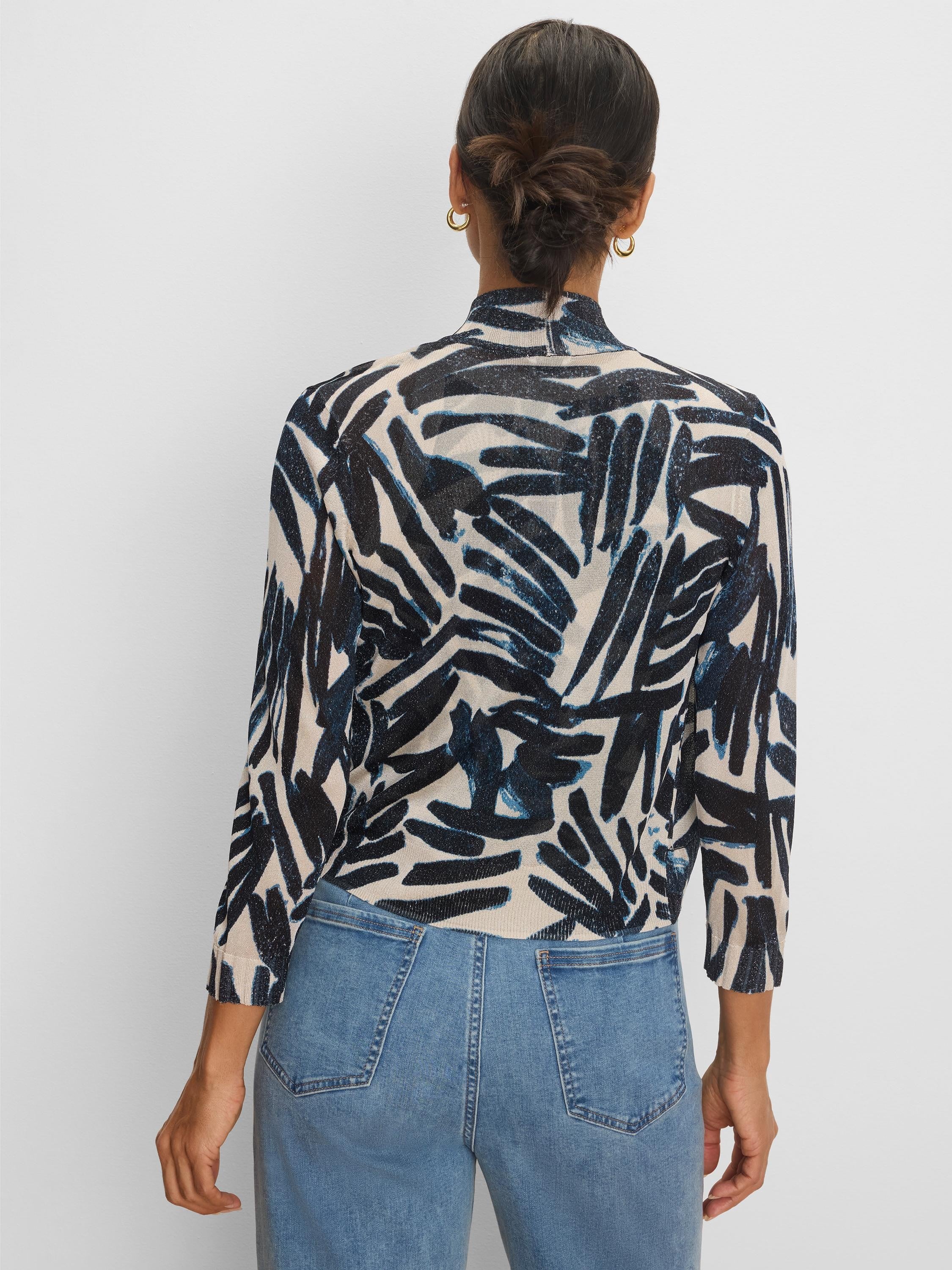 Cream bolero cardigan with dark blue painted palm pattern, subtle shimmer, 3/4 sleeves, high neck.