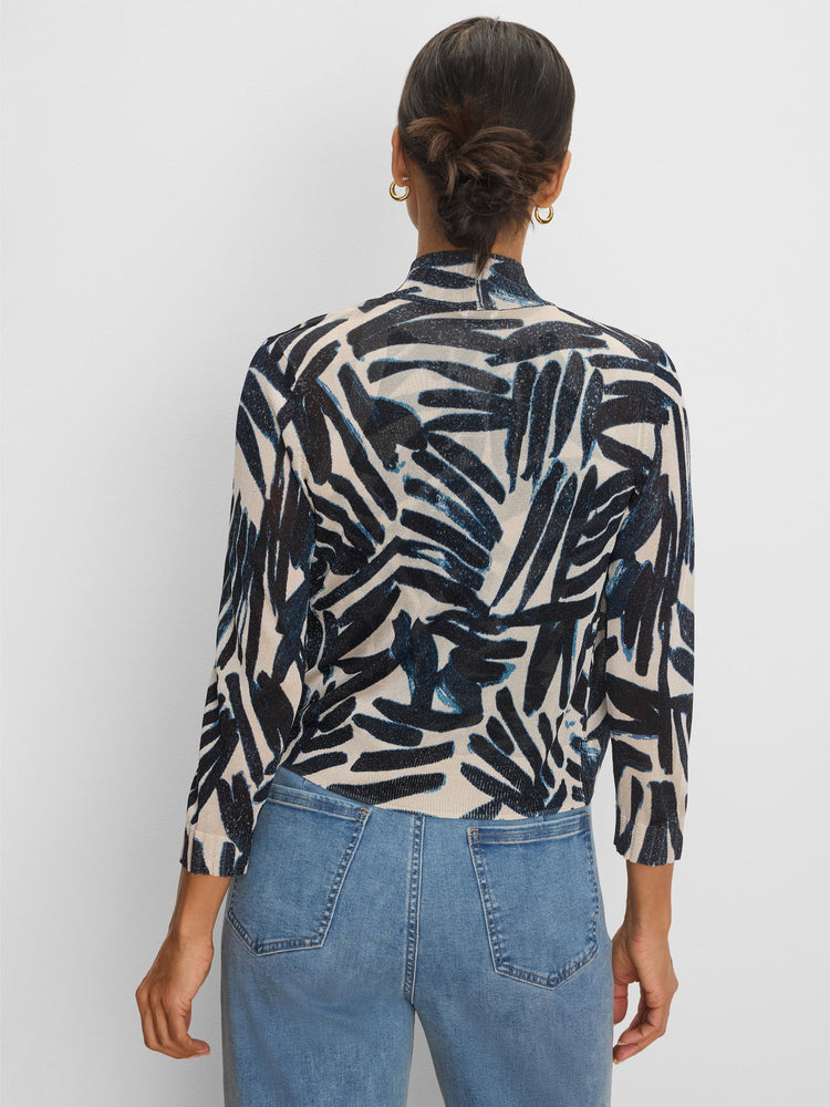 Cream bolero cardigan with dark blue painted palm pattern, subtle shimmer, 3/4 sleeves, high neck.